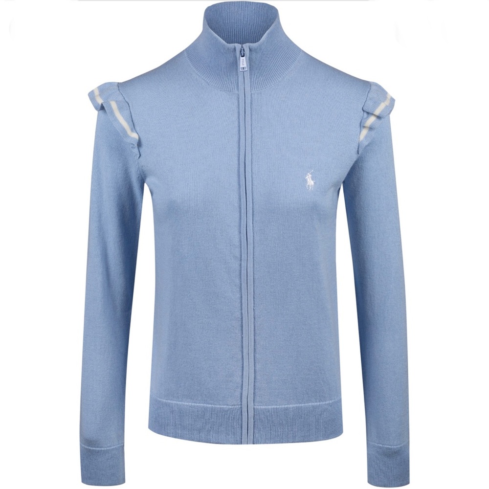 Ralph Lauren Light Blue Zip Front Ruffle Shoulder Cardigan